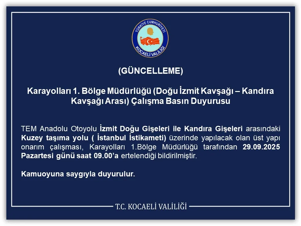 KOCAELİ VALİLİĞİNDEN DUYURU!
